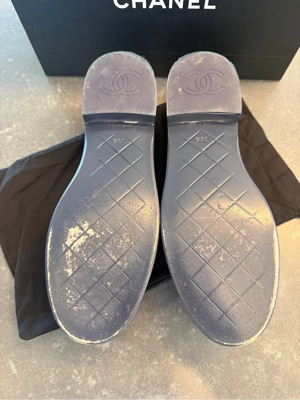 CHANEL Navy Quilted Leather Loafers with Gold CC Medallion